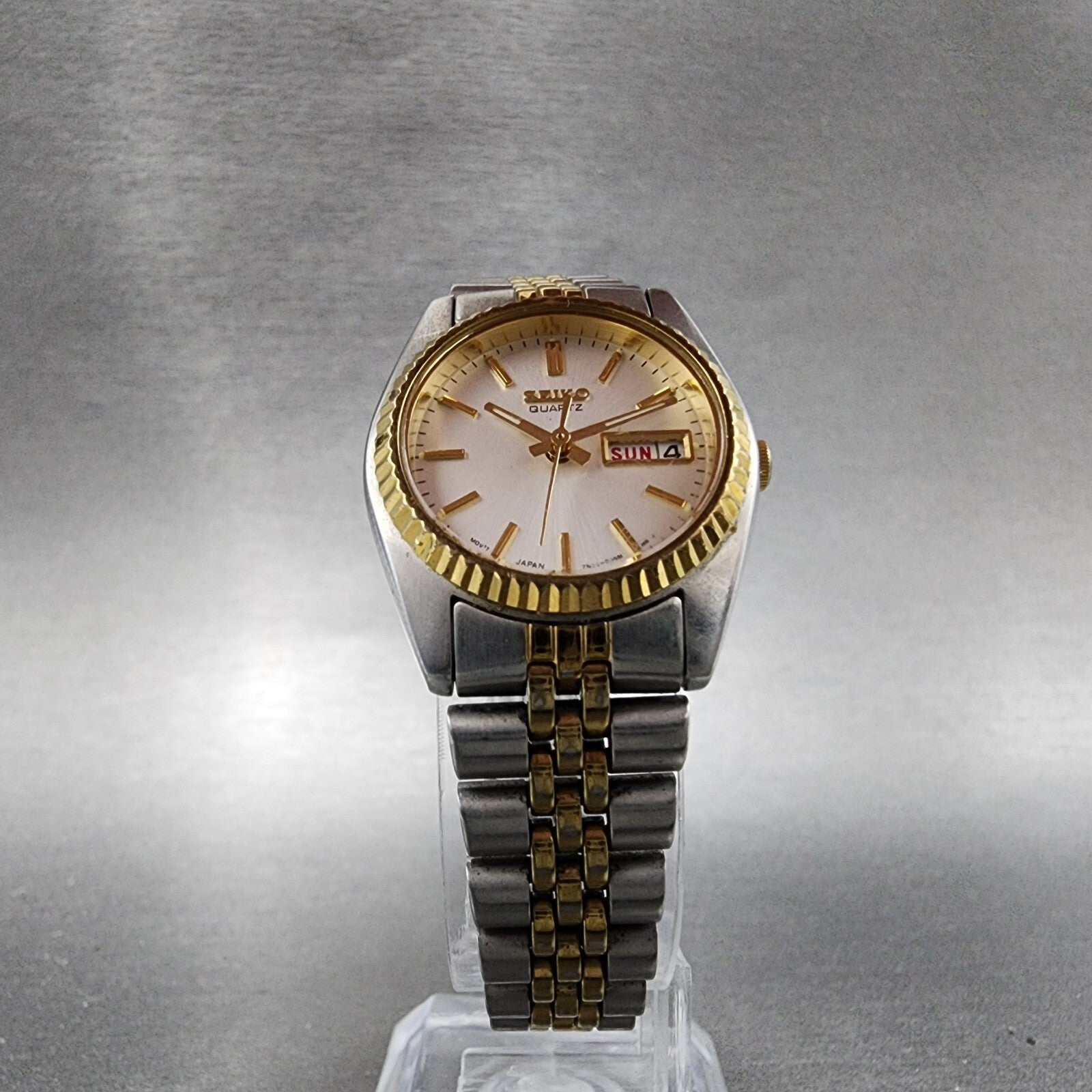 VTG Seiko Watch Women 24mm White Dial Two Tone Daydate Round 7N830041 New Batt5