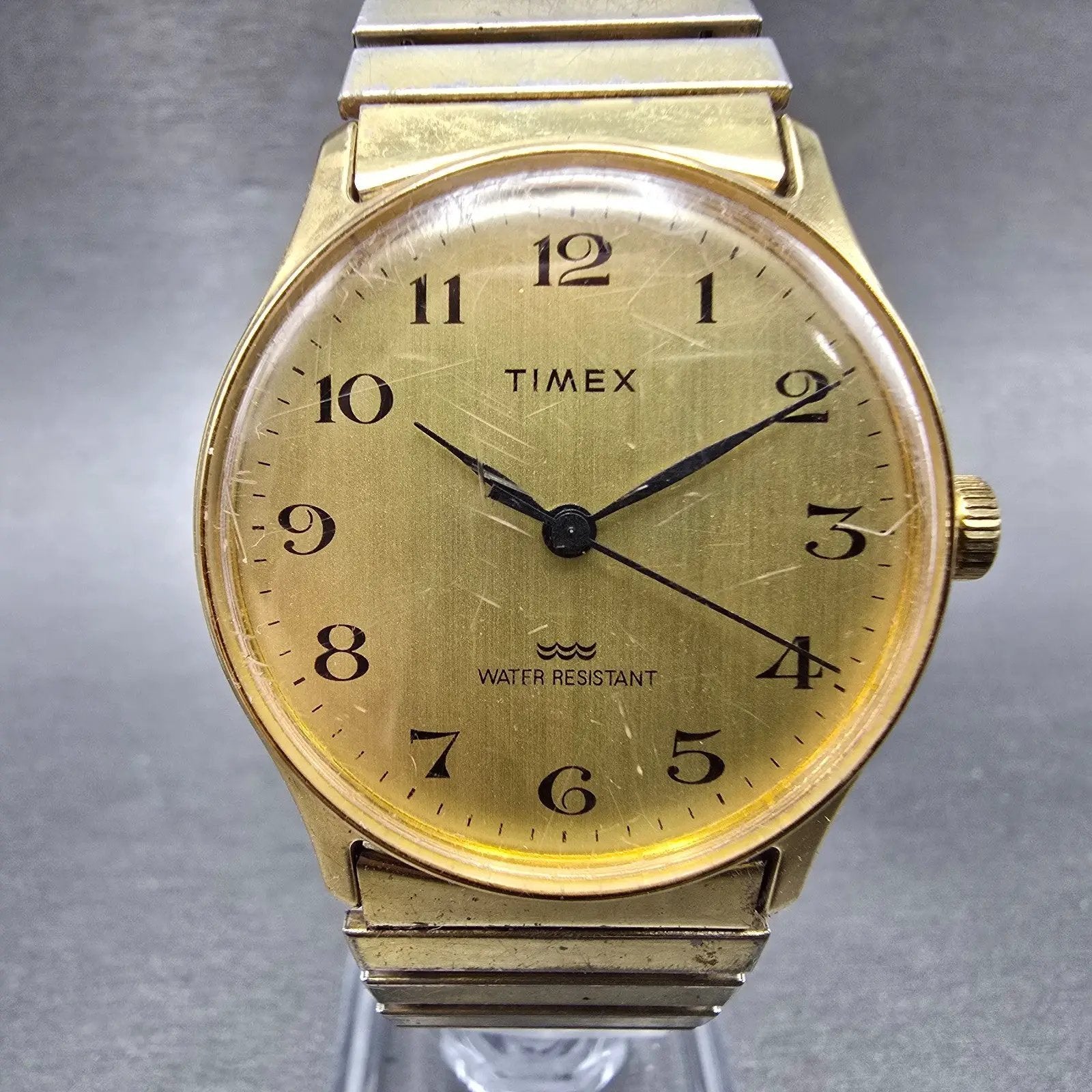 Timex Watch Men 34mm Gold Dial Gold Tone Manual Wind Runs Vintage0
