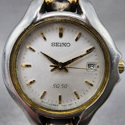 Seiko SQ 50 Watch Women 25mm White Dial Two Tone Date 7n820301 New Battery1