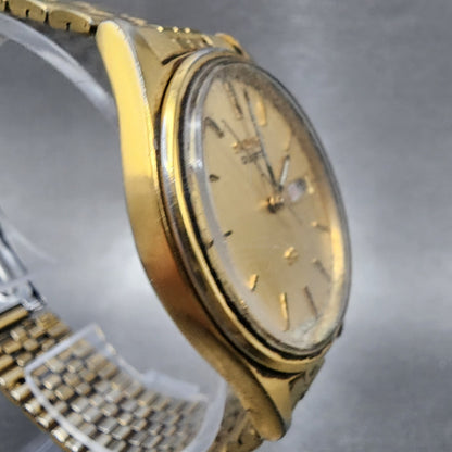 Seiko SQ Watch Men 35mm Champagne Dial Gold Tone Daydate 5y238049 NewBatt READ!3