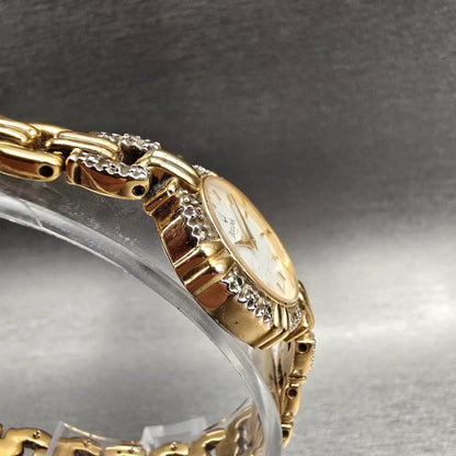 Bulova Watch Women 21mm White Dial Gold Tone Gemmed Round 98R06 New Battery3