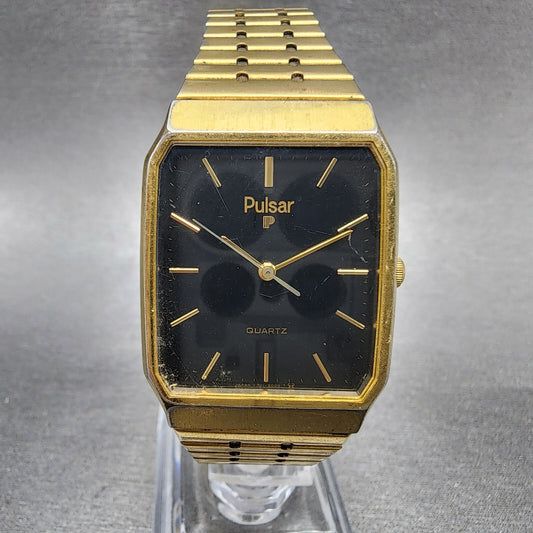 Pulsar Tank Watch Men 28mm Black Dial Gold Tone Rectangle V321-5009 New battery