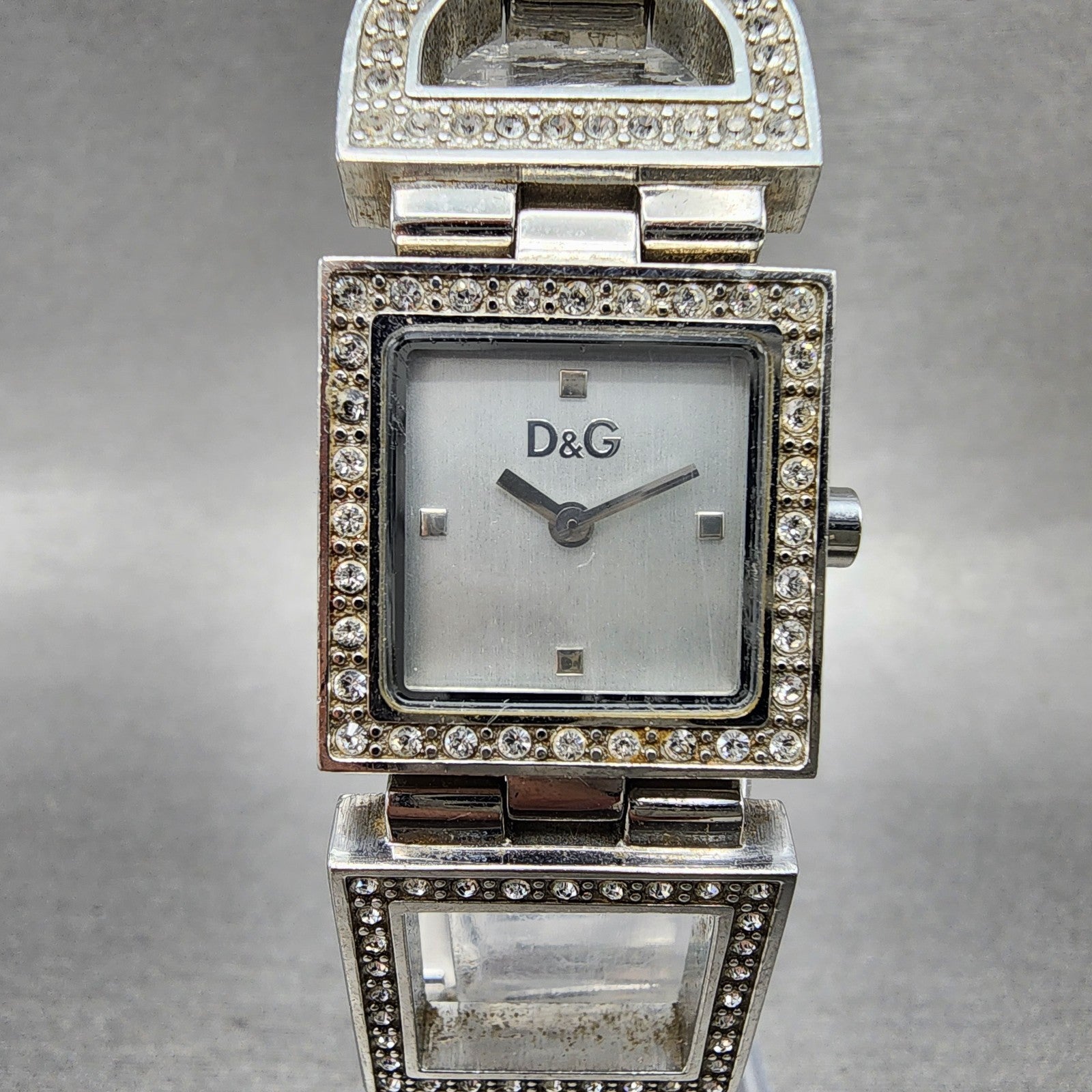Dolce & Gabbana Tank Watch Women 21mm Silver Dial Steel Crystal Accent NewBattAB0