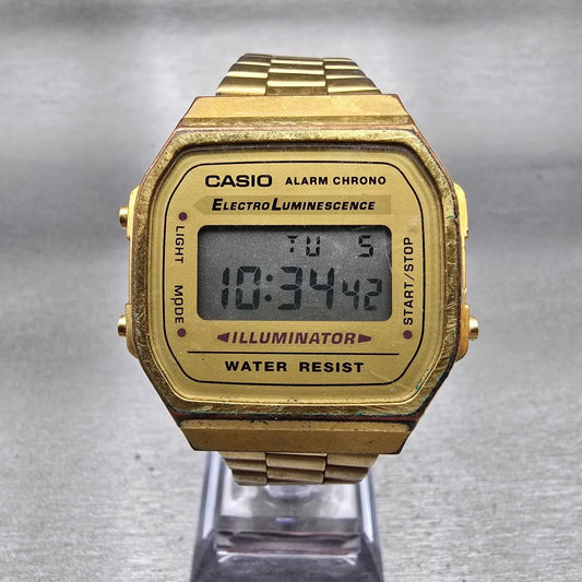 Casio Illuminator A168 Watch Men 35mm Gold Dial Gold Tone Chrono Alarm New Batt0
