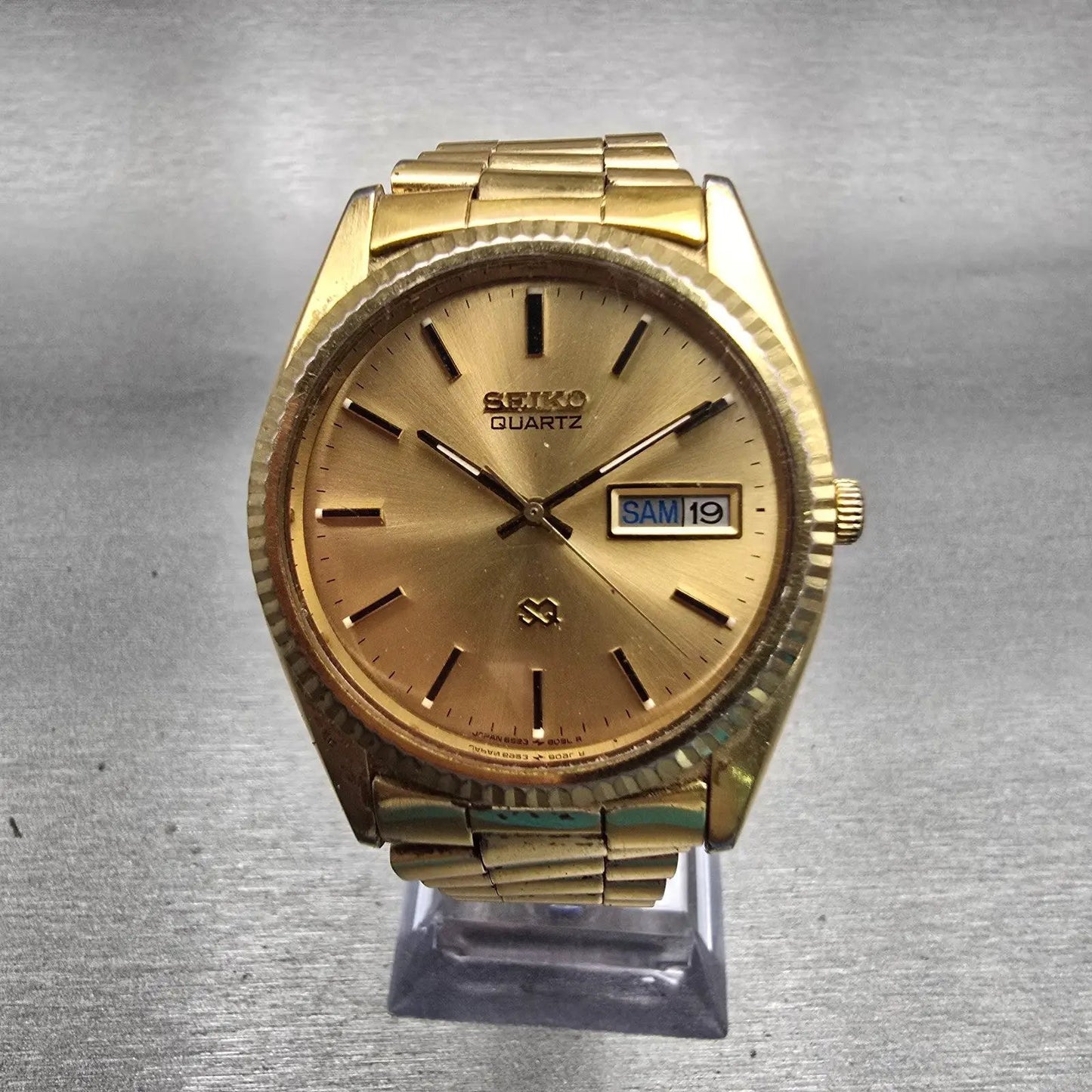Seiko President Watch Men 35mm Gold Dial Gold Tone Daydate 6923-8080 New Battery0