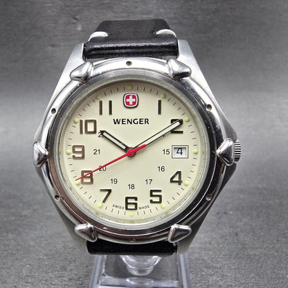 Wenger Watch Men 41mm White Dial Silver Date Round 7311X New Battery Swiss0
