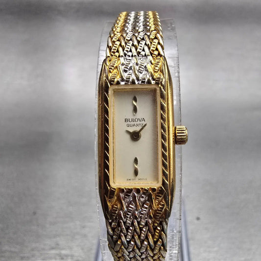 Bulova Watch Women 12mm White Dial Two Tone Rectangle Vintage 90T00 New Battery0