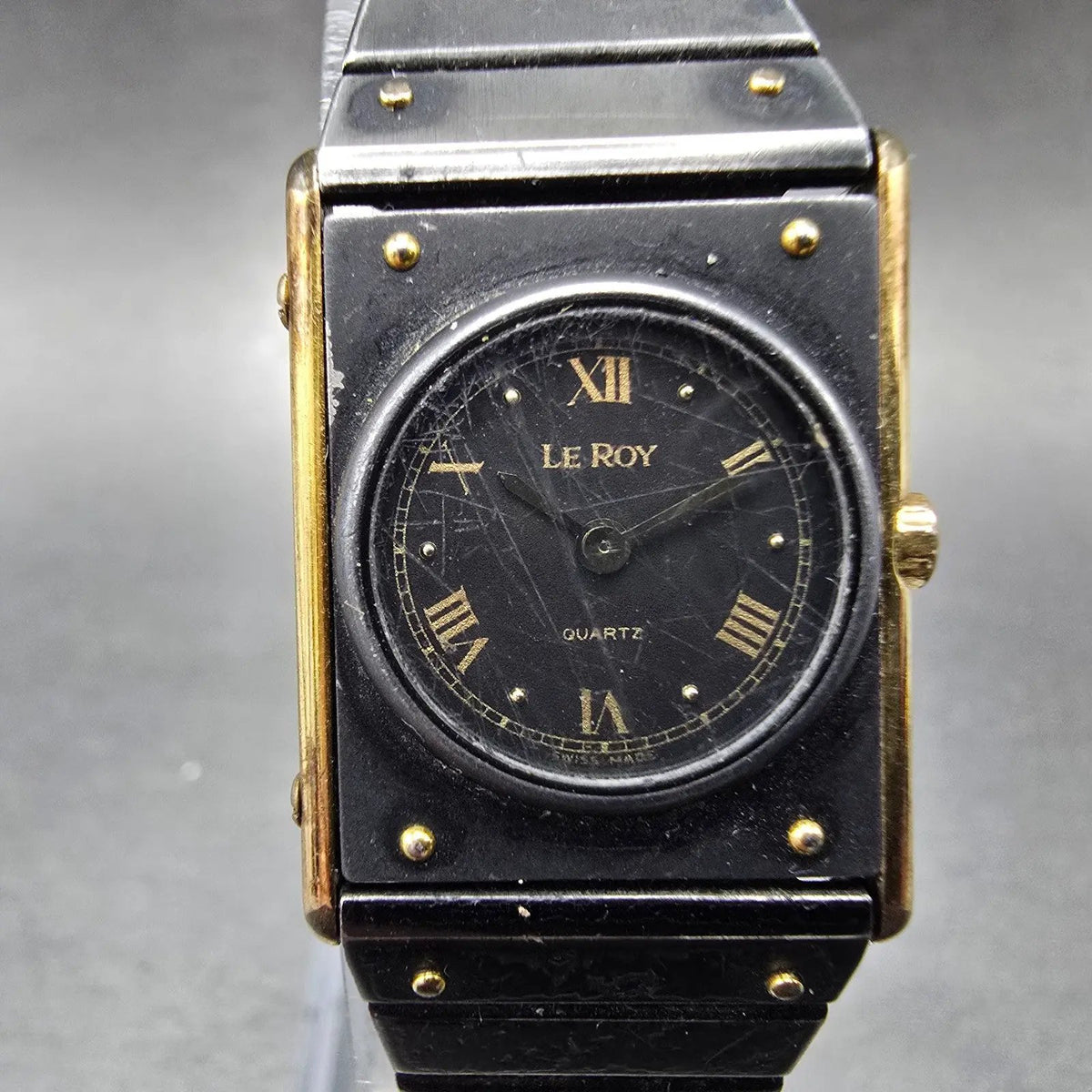 Leroy Tank Watch Women 20mm Black Dial Gold Black Rectangle 8802 New Battery VTG1