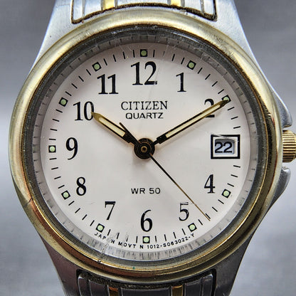 Citizen Watch Women 24mm Cream Dial Two Tone Date Round 1012-S038376 New Battery
