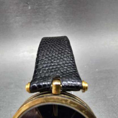 Gucci 2000M Watch Men 30mm Black Dial Gold Plated Leather Round New Battery VTGA4