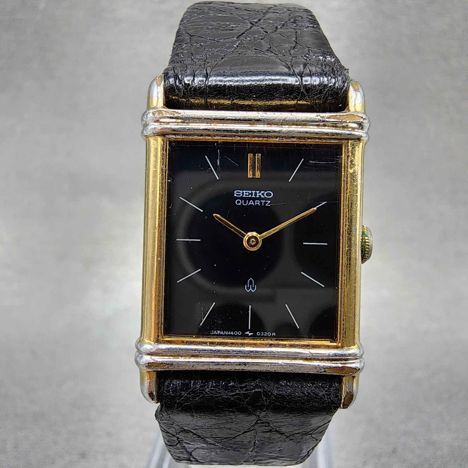Seiko Tank Watch Women 20mm Black Dial Gold Tone Rectangle 14005240 New Battery0