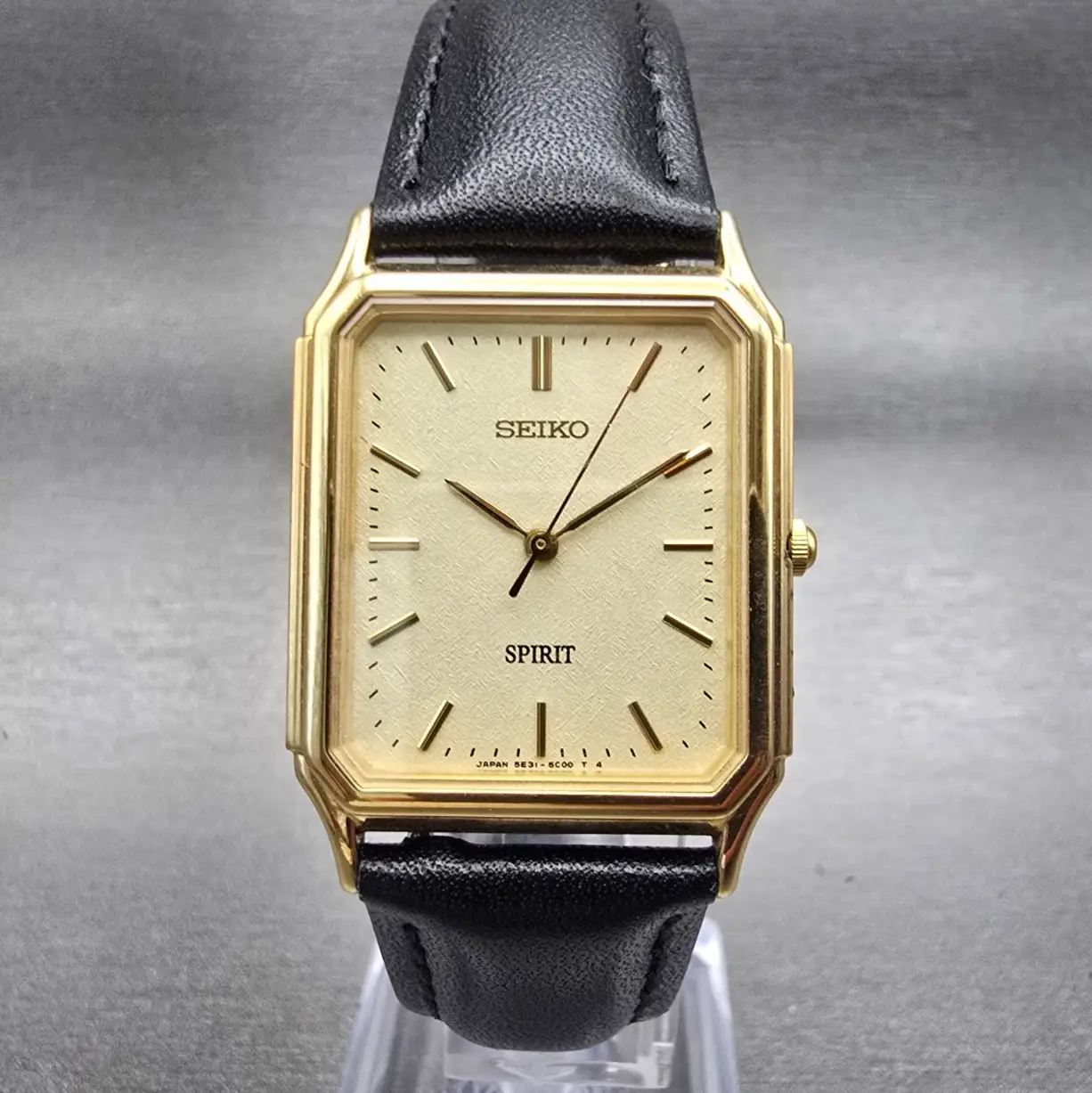 Seiko Spirit Tank Watch Men 26mm Champagne Dial Gold Rectangle 5E31-5B60 New Bat0