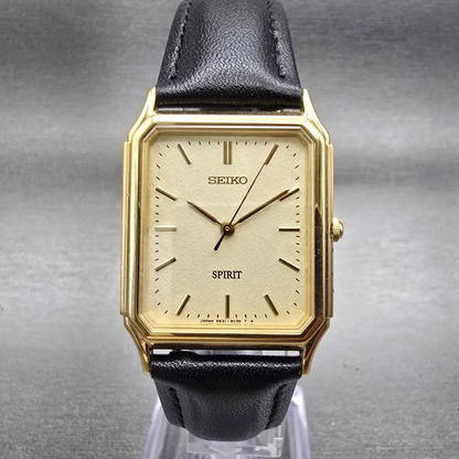 Seiko Spirit Tank Watch Men 26mm Champagne Dial Gold Rectangle 5E31-5B60 New Bat0