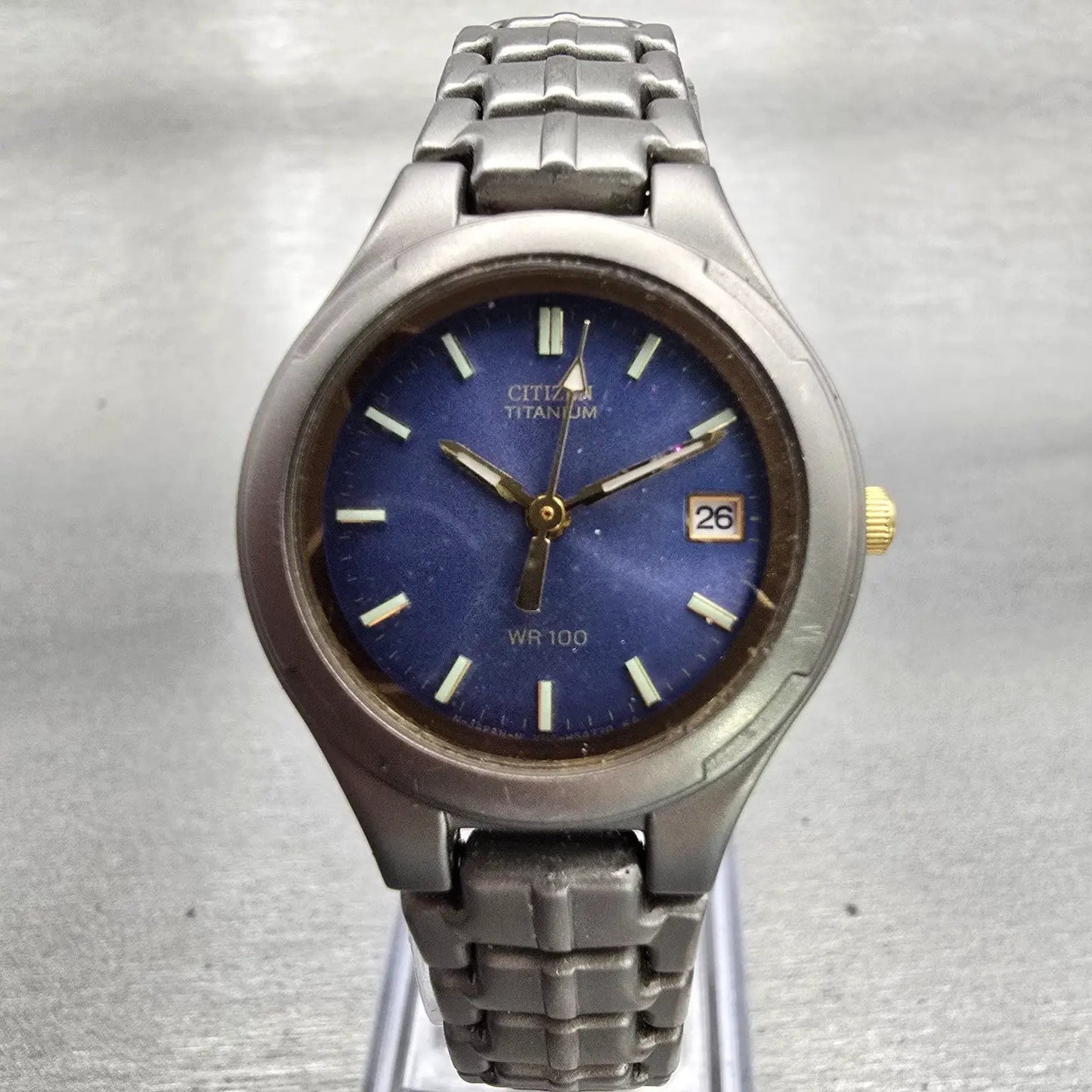 Citizen Titanium Watch Women 27mm Blue Dial Gray Tone Date 1012-H31209 New Batt0