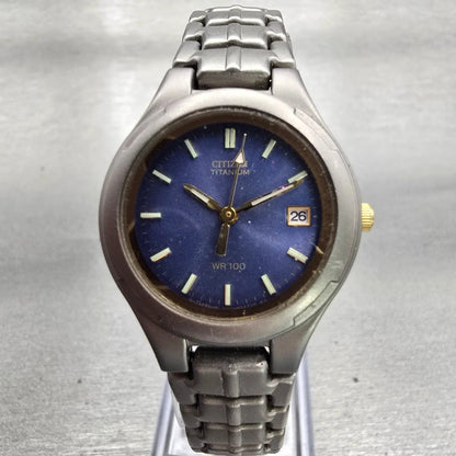 Citizen Titanium Watch Women 27mm Blue Dial Gray Tone Date 1012-H31209 New Batt0