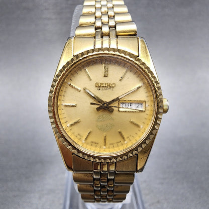 Seiko Watch Women 24mm Gold Dial Gold Tone Daydate Round 7N830041 New Battery0