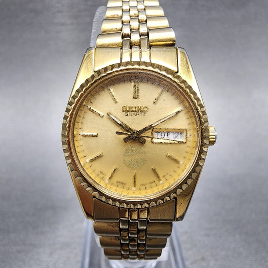 Seiko Watch Women 24mm Gold Dial Gold Tone Daydate Round 7N830041 New Battery0