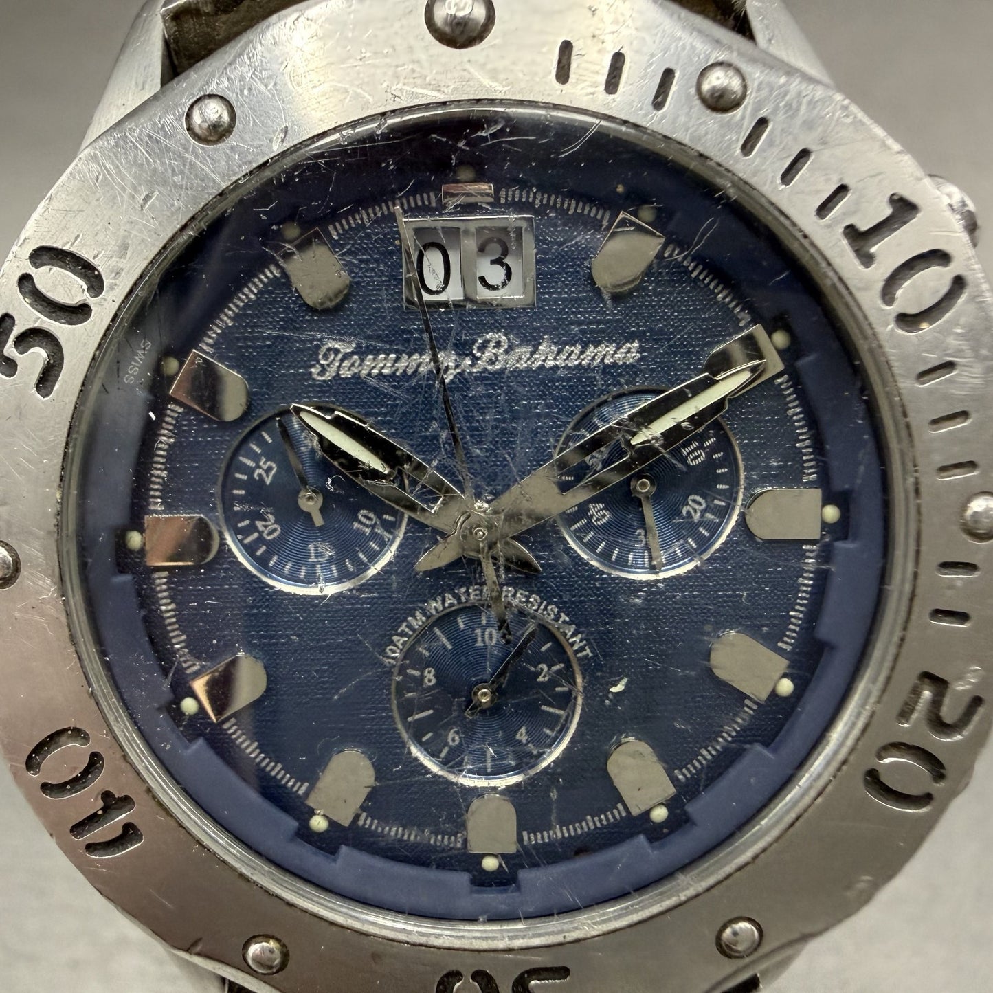 Tommy Bahama Chronograph Watch Men 43mm Blue Dial Steel Big Date TB3013 New Batt1