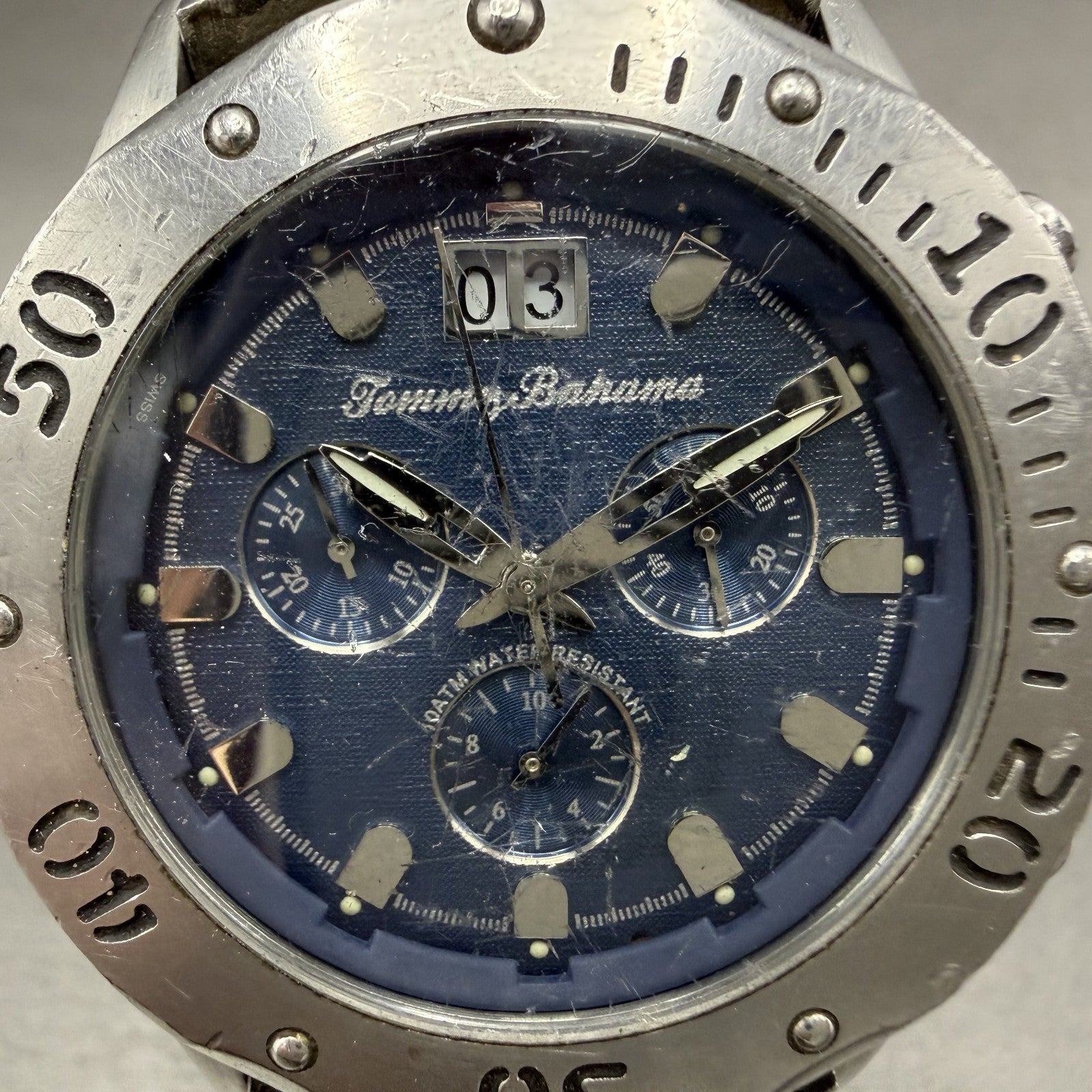 Tommy Bahama Chronograph Watch Men 43mm Blue Dial Steel Big Date TB3013 New Batt1
