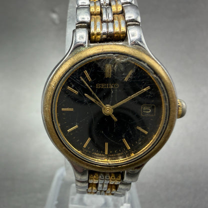 Seiko Watch Women 23mm Black Dial Two Tone Date Round 7N82-0228 New Battery 5431