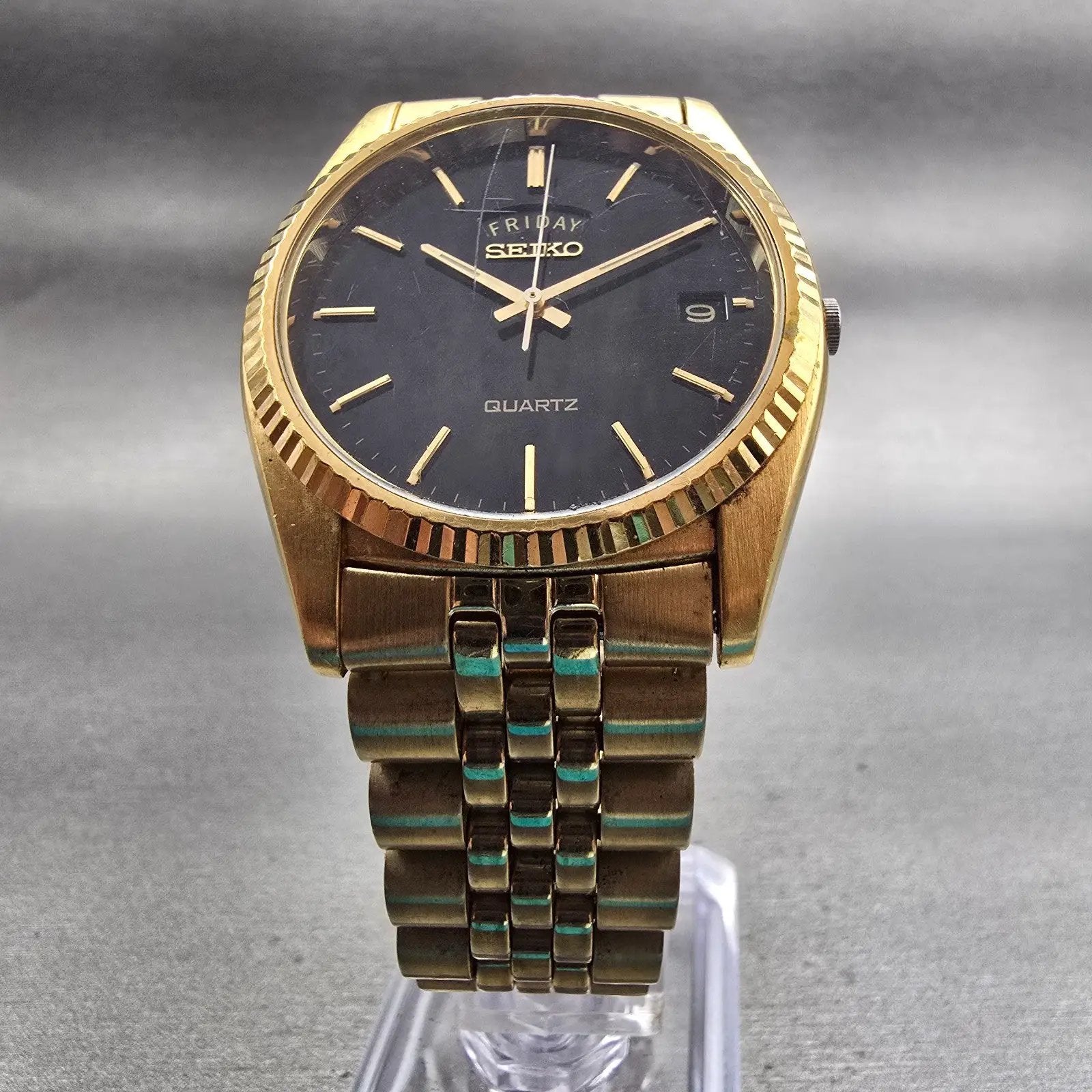 Seiko President Watch Men 36mm Black Dial Gold Tone Daydate 7N43-8111 NewBattery5