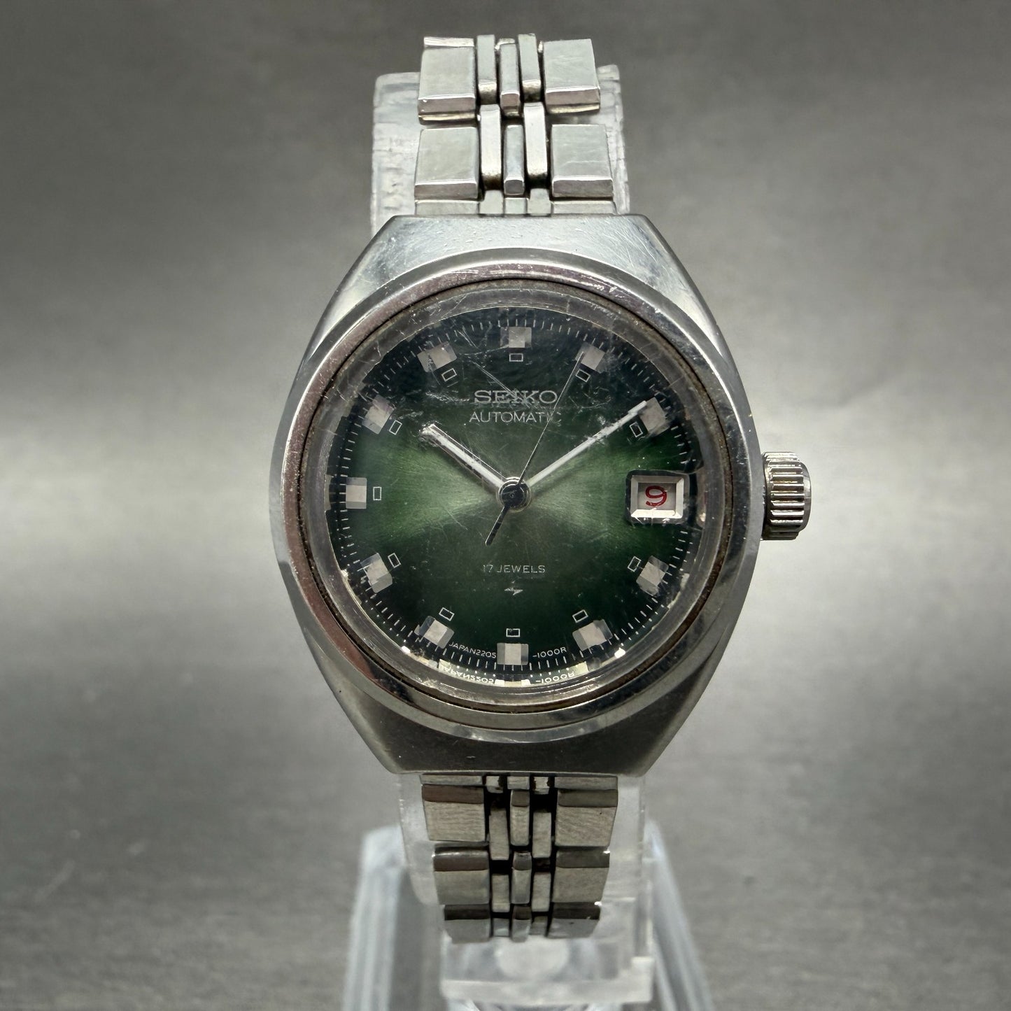 Seiko Automatic Watch Women 25mm Green Dial Silver Tone Date 2205-0520 PARTS0