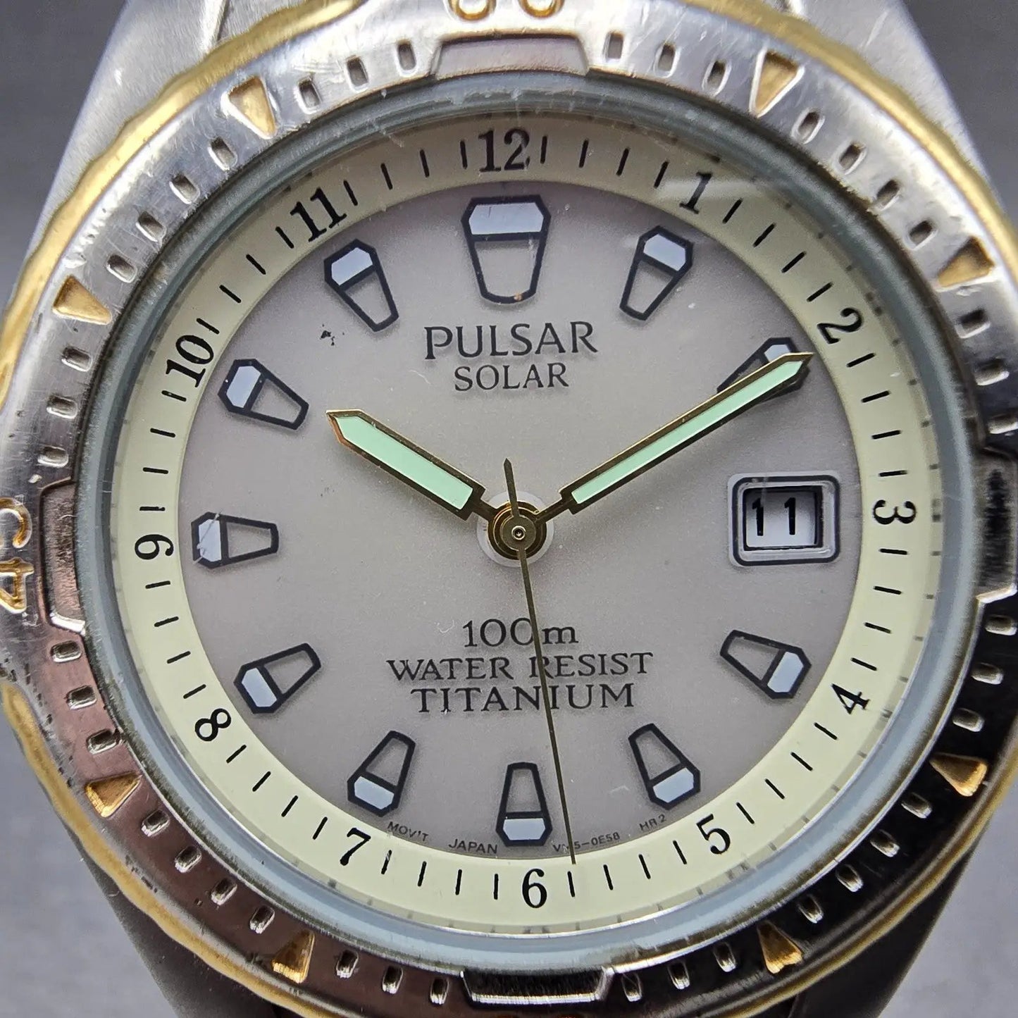 Seiko Pulsar Solar Dive Watch Men 38mm Gray Dial TwoTone Titanium V145-0C20 Runs1