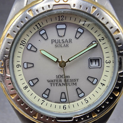 Seiko Pulsar Solar Dive Watch Men 38mm Gray Dial TwoTone Titanium V145-0C20 Runs1