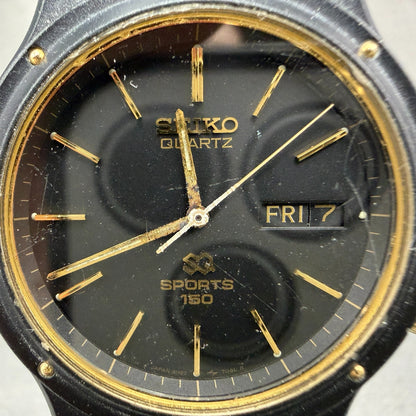 Seiko SQ Sports 150m Watch Men 37mm Black Dial Black & Gold Tone Daydate PARTS2