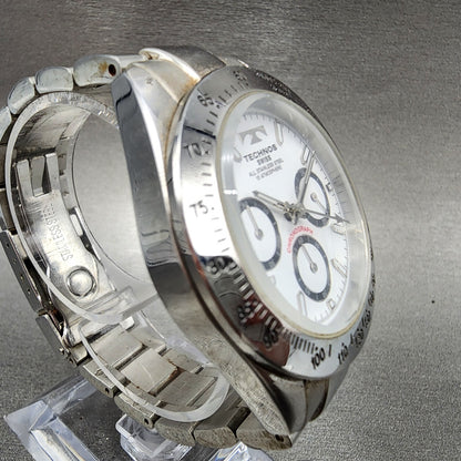 Technos Chronograph Watch Men 39mm White Dial Steel Round TGM615 New Battery