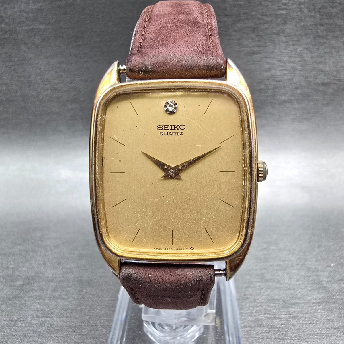 Seiko Watch Men 28mm Gold Dial Gold Tone Rectangle 6530-5329 New Battery Vintage0