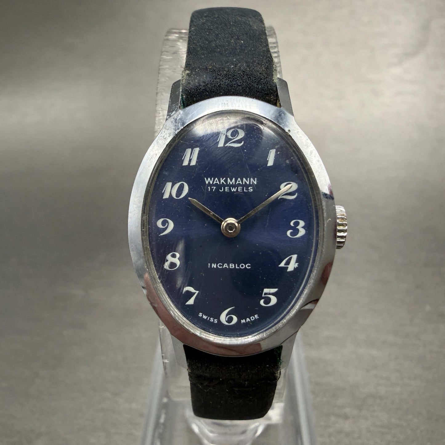 Wakmann Watch Women 20mm Blue Dial Silver Tone Oval Manual Wind Runs Vintage0