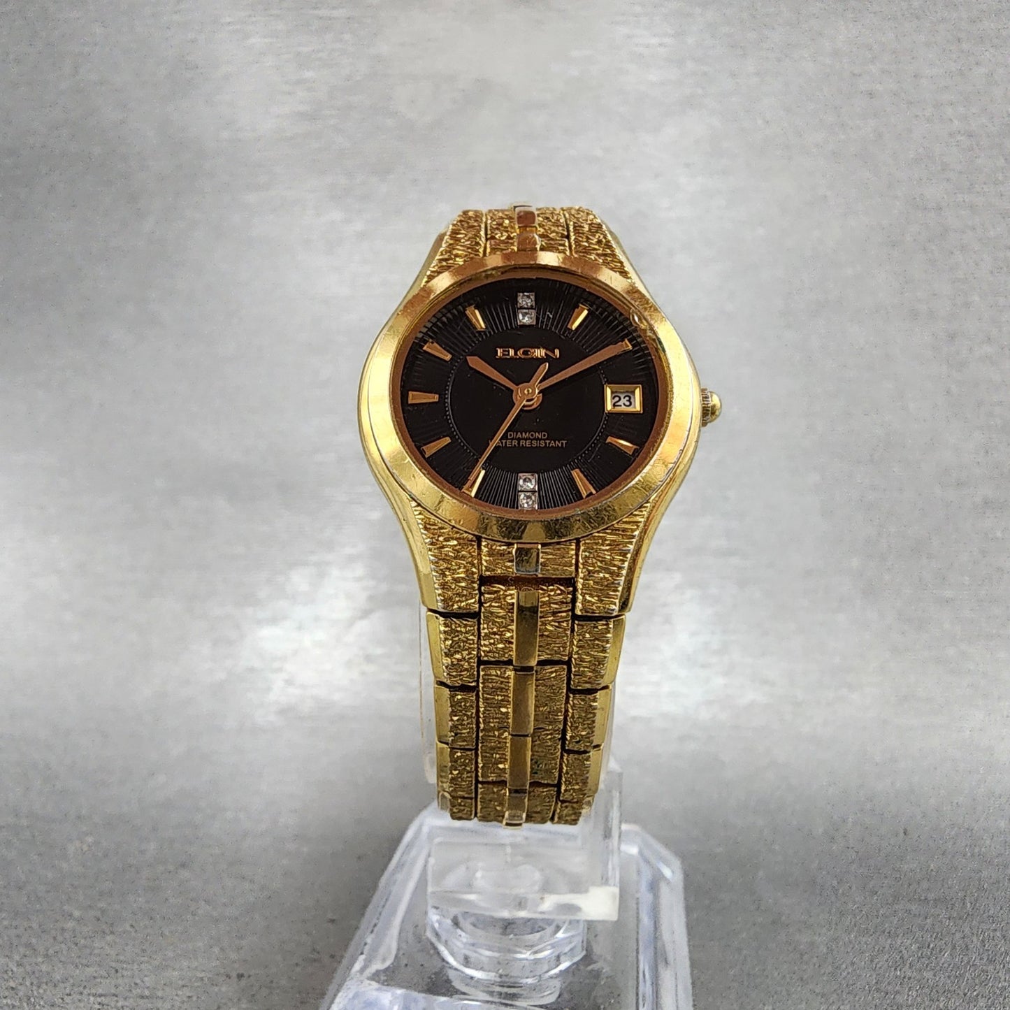 Elgin Watch Women 25mm Black Dial Gold Tone Date Round EG186N New Battery5