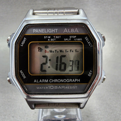 Seiko ALBA Digital Watch Men 36mm Silver Dial Alarm Chrono Y735-4A00 New Battery