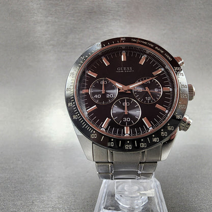 Guess Chronograph Watch Men 42mm Black Dial Steel Round U12505G1 New Battery