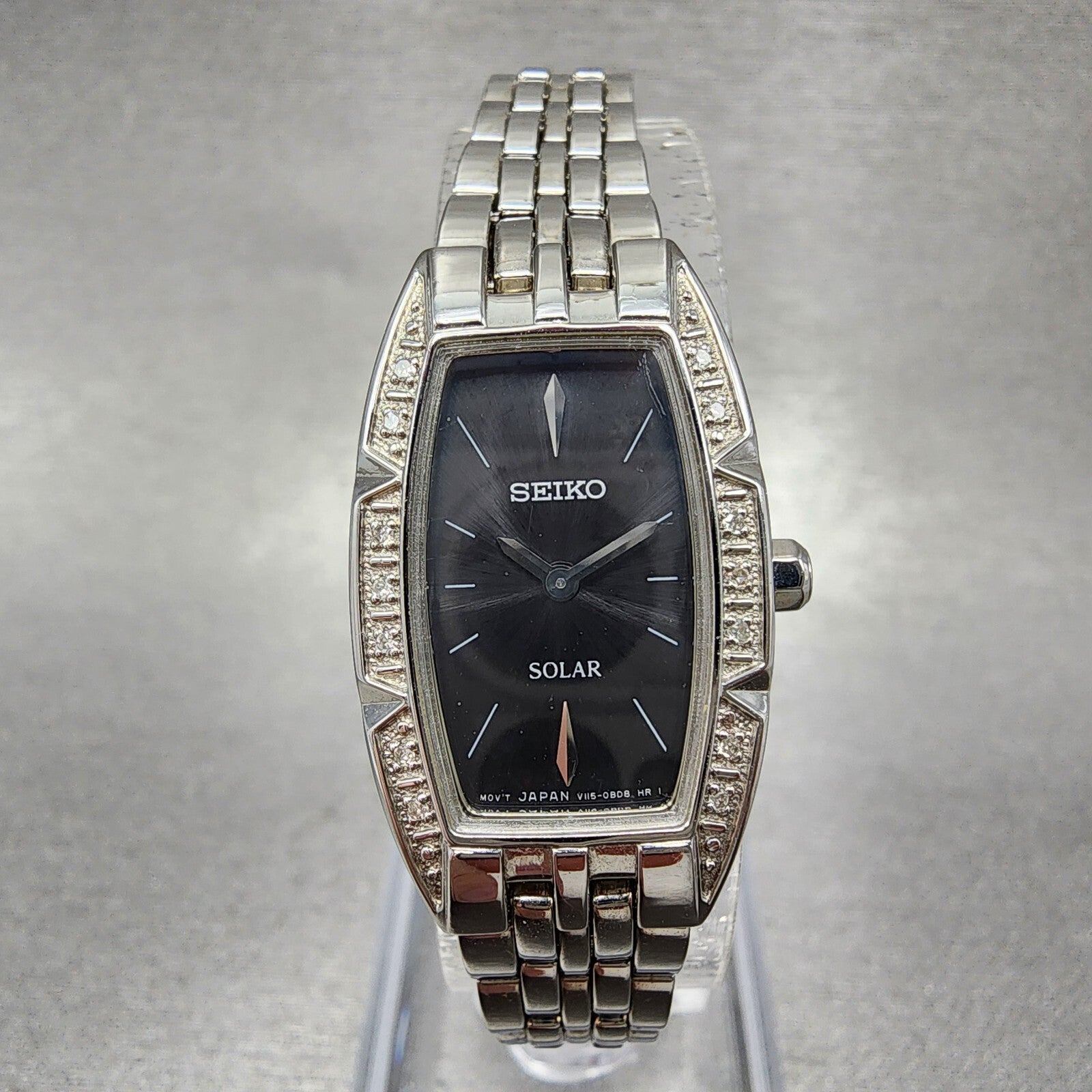 Seiko Solar Tank Watch Women 18mm Black Dial Silver Tone V1150an0 Runs0