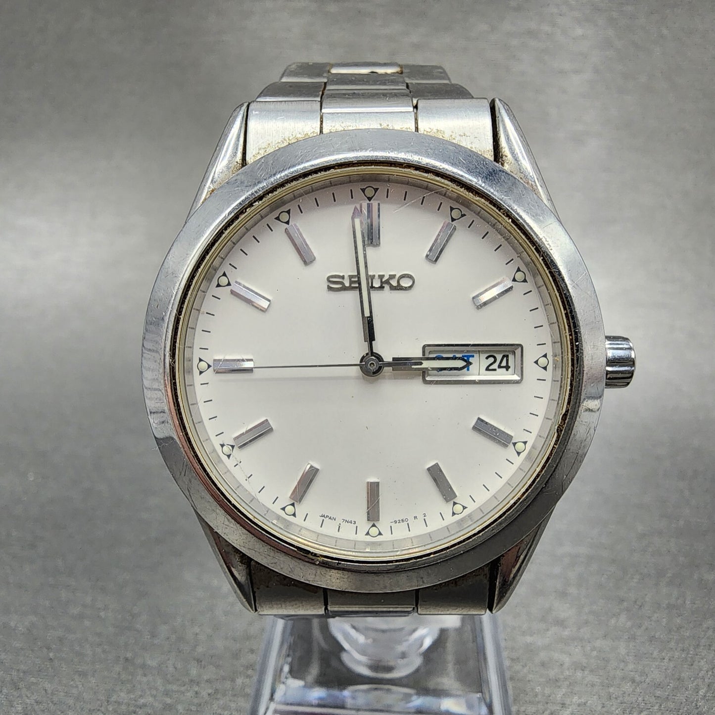 Seiko Watch Men 37mm White Dial Silver Tone Round Daydate 7n439080 PARTS0