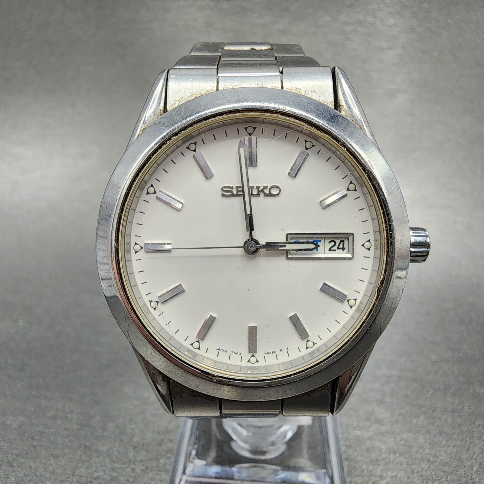 Seiko Watch Men 37mm White Dial Silver Tone Round Daydate 7n439080 PARTS0