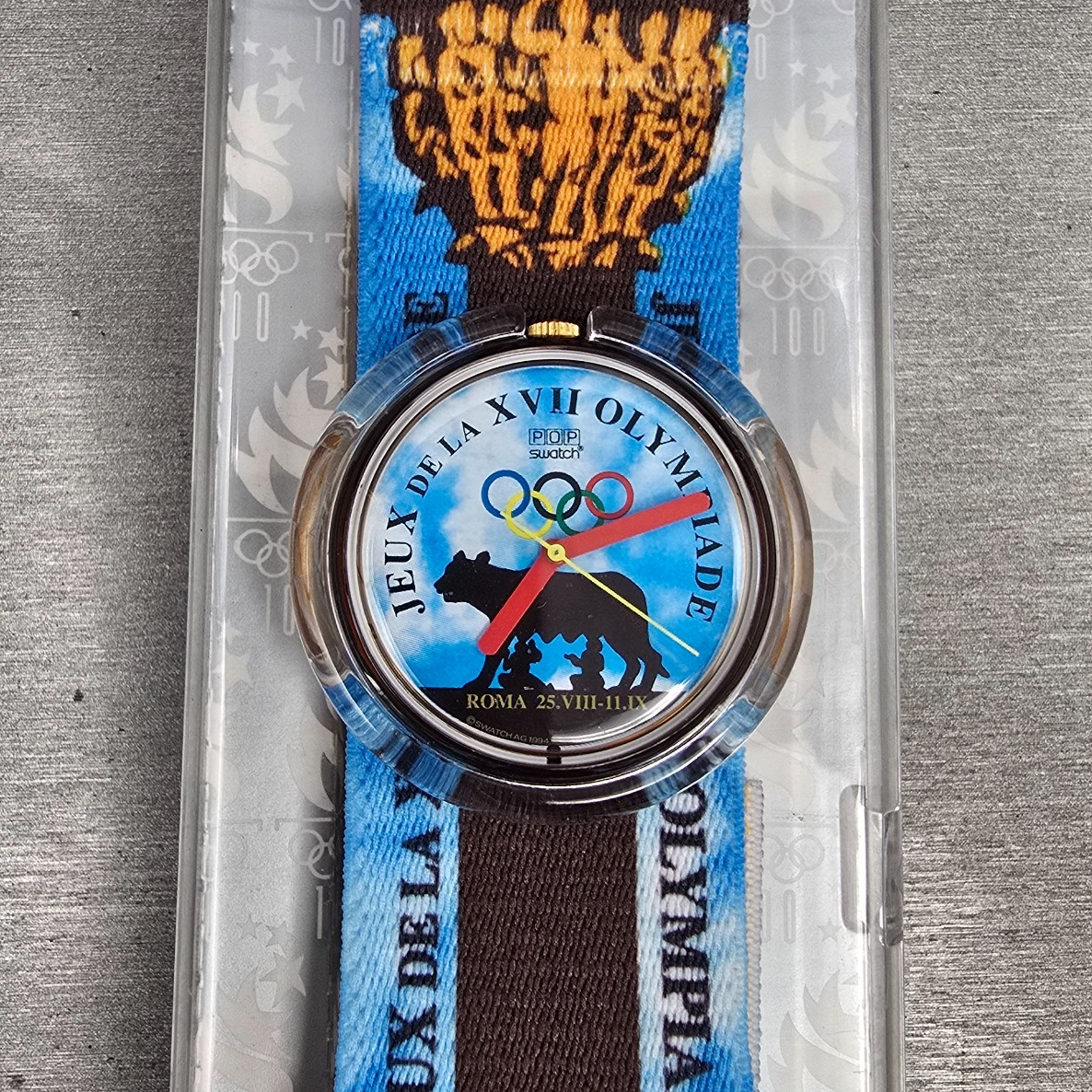 Swatch Pop Roma 1960 Watch Men 40mm Blue Dial Brown Case PMZ101 New Battery NOS0