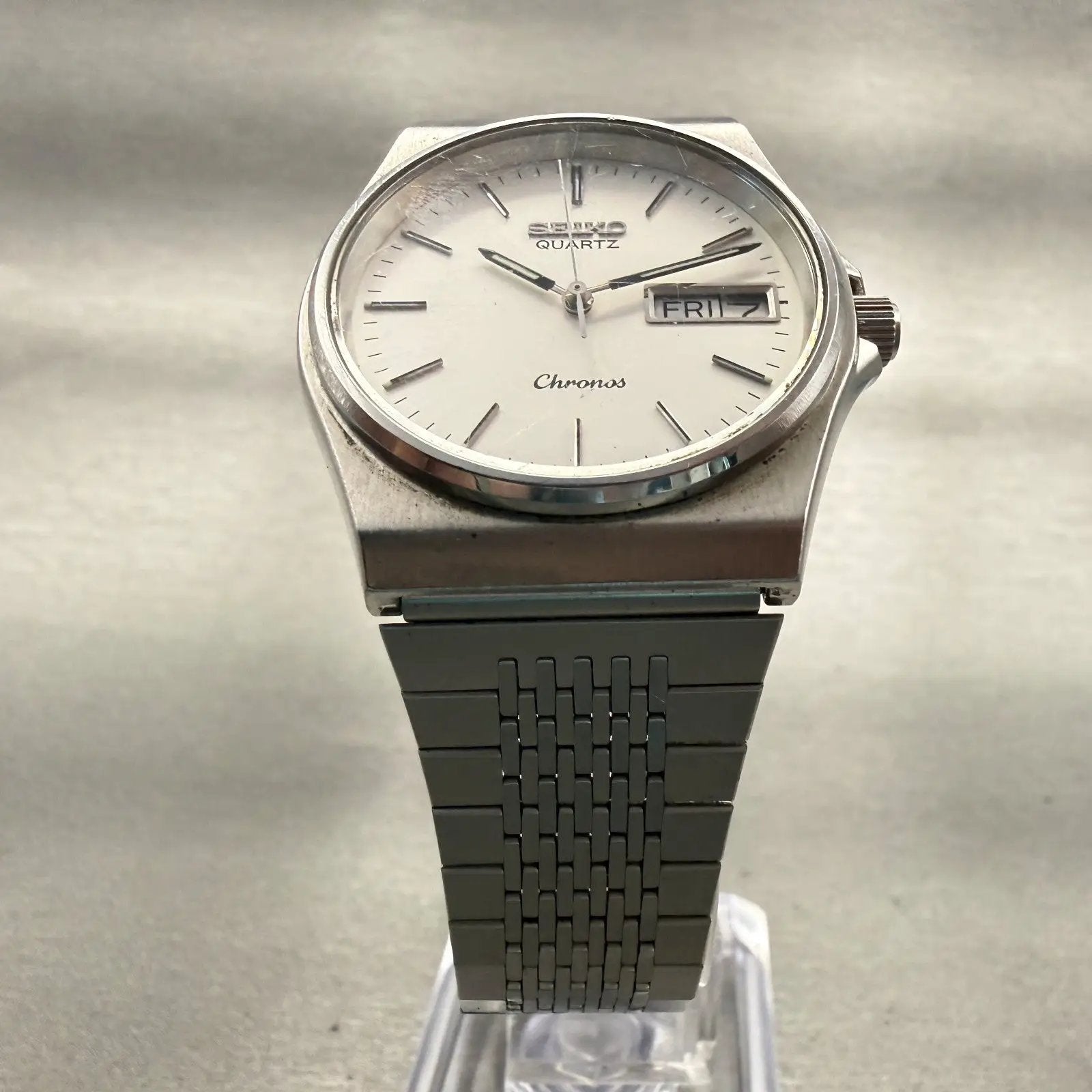 Seiko Chronos Watch Men 34mm Silver Dial Silver Tone Daydate 8123-7090New Batt5