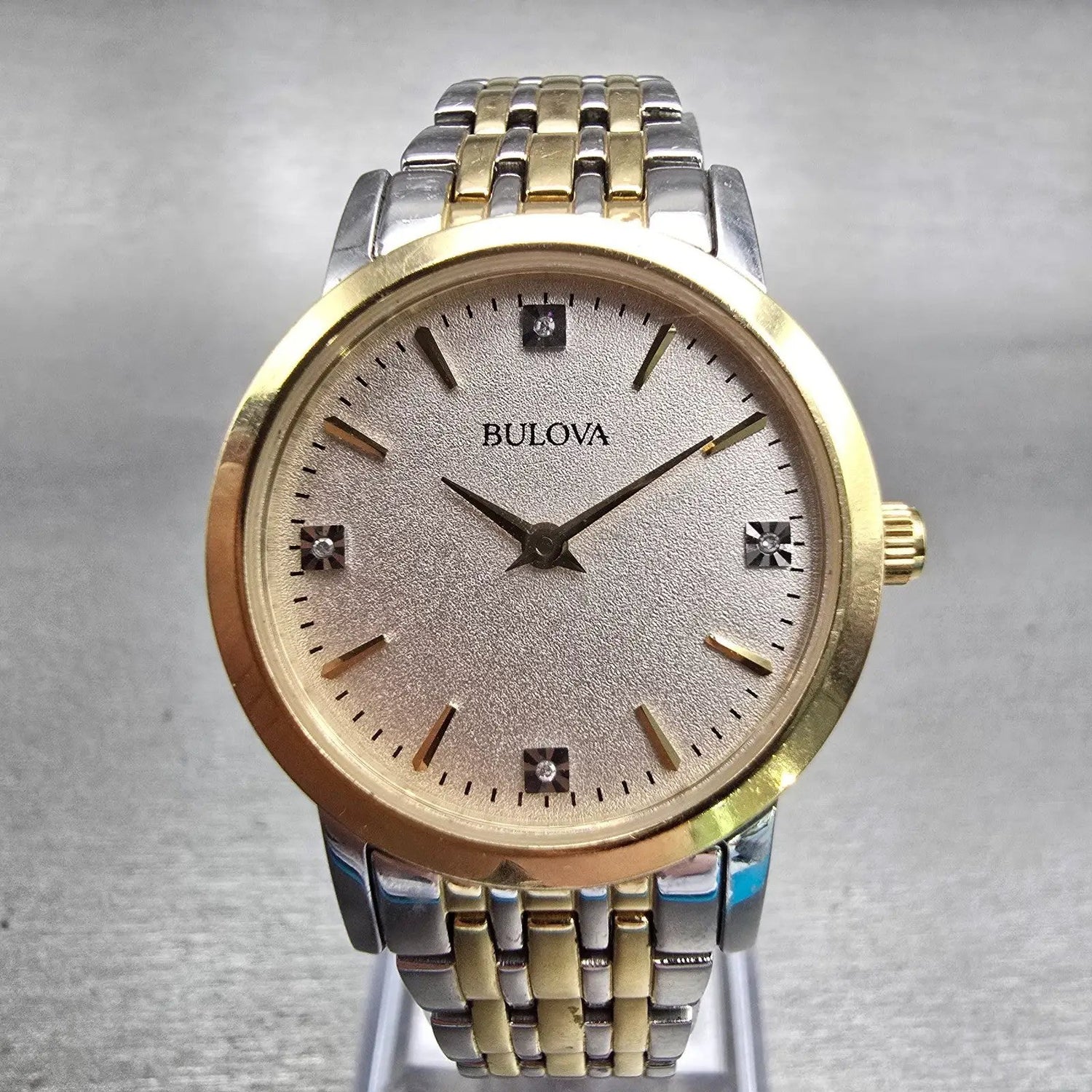 Bulova Watch Women 27mm Silver Dial Two Tone Gemmed Round 98P115 New Battery0