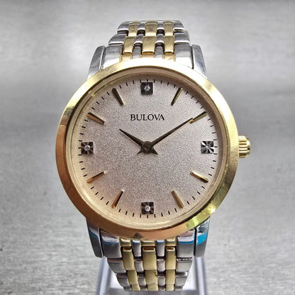 Bulova Watch Women 27mm Silver Dial Two Tone Gemmed Round 98P115 New Battery0