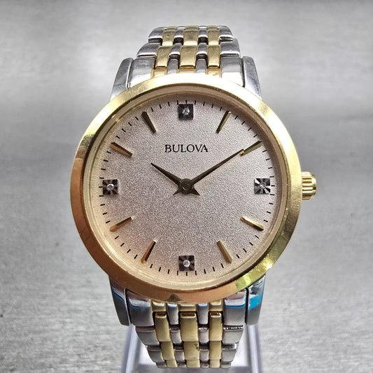 Bulova Watch Women 27mm Silver Dial Two Tone Gemmed Round 98P115 New Battery0