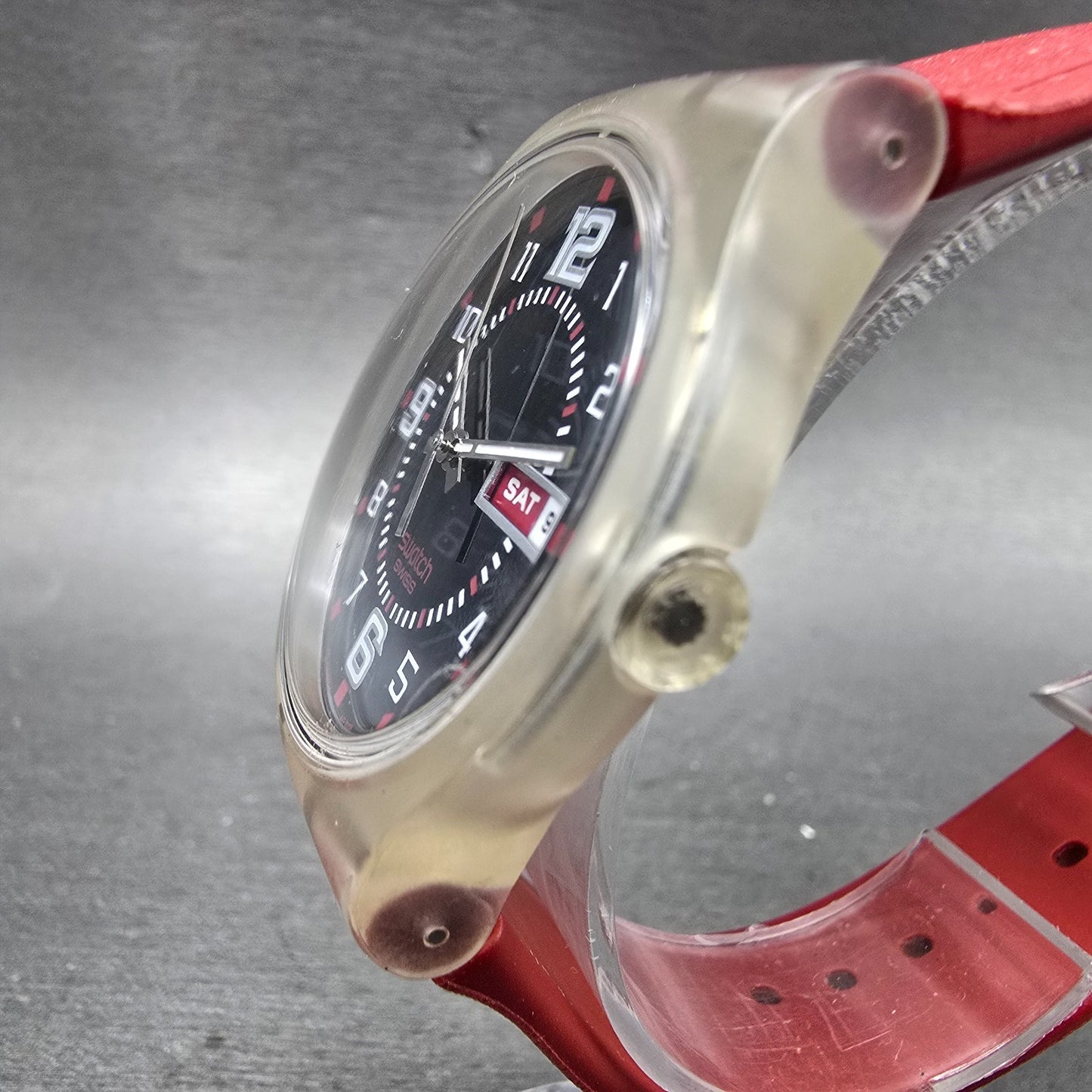 Swatch Ruby Touch Watch Men 38mm Black Dial Clear Case Daydate Round New Battery2