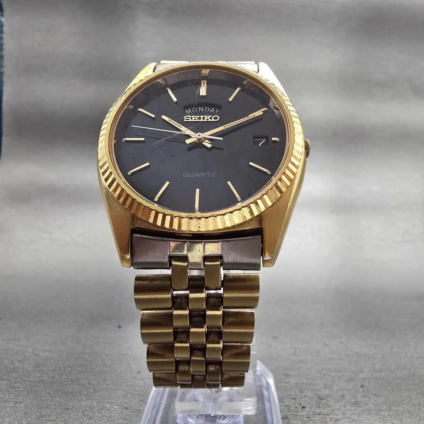 Seiko President Watch Men 37mm Black Dial Gold Tone Daydate 7N43-8119 New Batt5