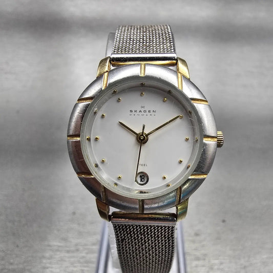 Skagen Watch Women 26mm White Dial Two Tone Date Round 3SGS New Battery FT120