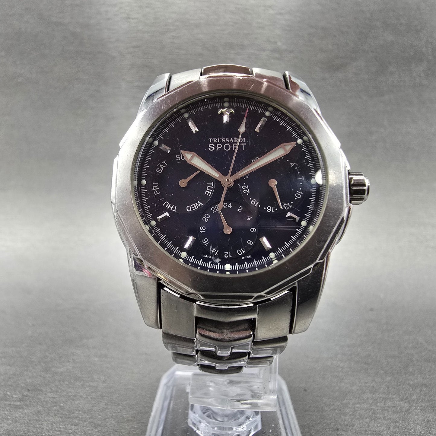 Trussardi Sport Watch Men 36mm Blue Dial Silver Tone Daydate Round New Battery7