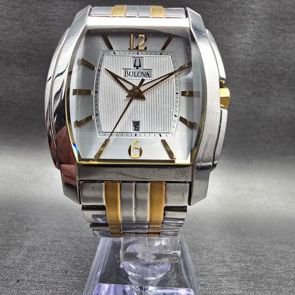 Bulova Tank Watch Men 38mm Silver Dial Two Tone Date Rectangle 98B109 New Batt5