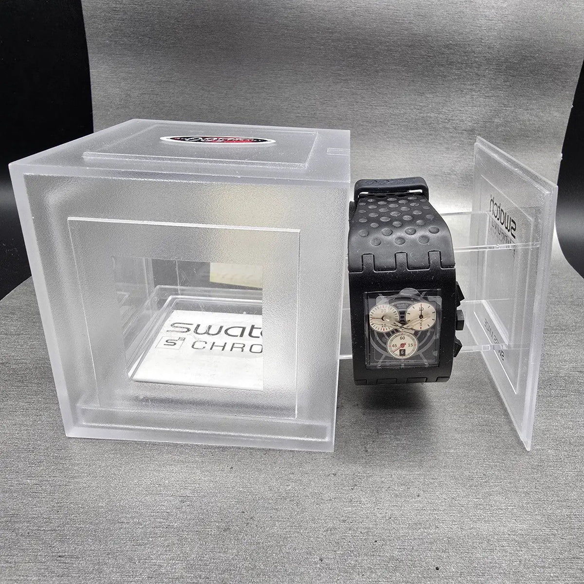 Swatch Dr. No Chronograph Watch Men 31mm Black Dial Black Tone Date SUEB400 NOS2