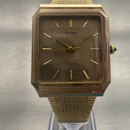 Seiko Dolce Watch Men 29mm Gold Dial Gold Tone Rectangle 5931-5490 New Battery5
